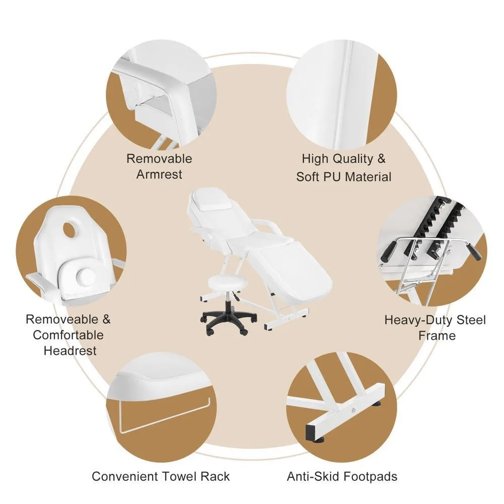 Mesa de massagem ajustável em altura, cadeira de tatuagem, cama facial com banco, barbeiro, spa