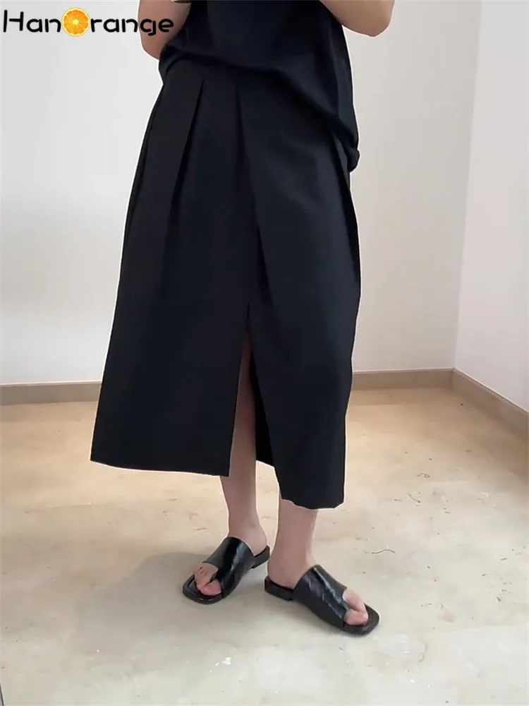 HanOrange-Jupe plissée fendue sur le devant pour femme, droite, midi, décontractée, vêtements vintage, noir, rose, été, 2024