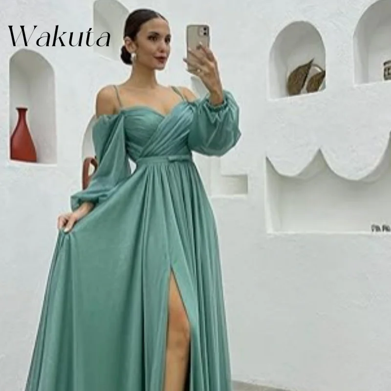 Wakuta Elegant Off Shoulder Long Sleeved Camisole Bridesmaid Dress Fashion Spaghetti Slit Pleated Wedding Birthday Vestidos 2024