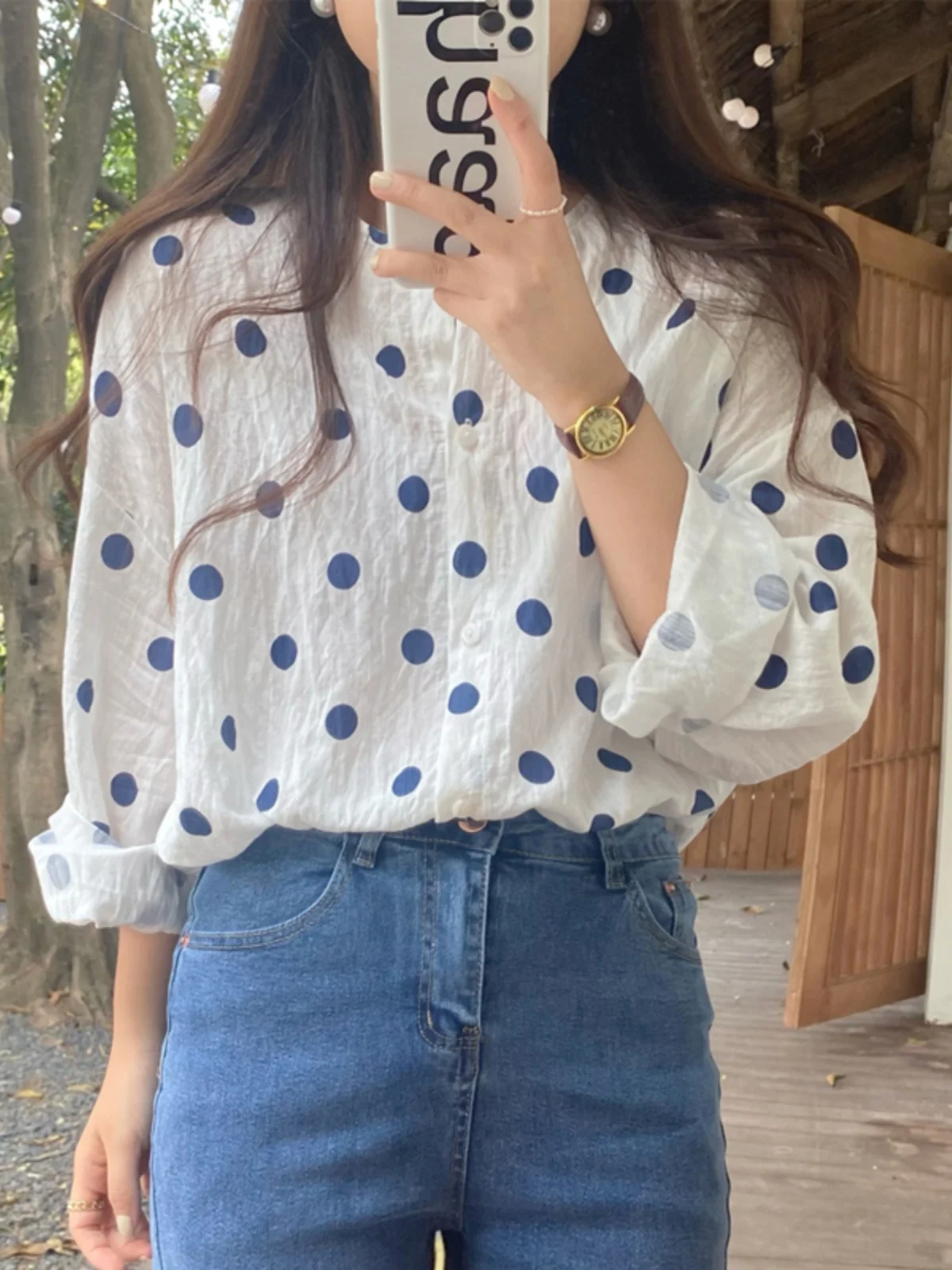 

Chic Polka Dot Long Sve Women's irt Spring Early Gentle round Ne Korean Sle Loose Fit Button Detail Casual Sweet irt