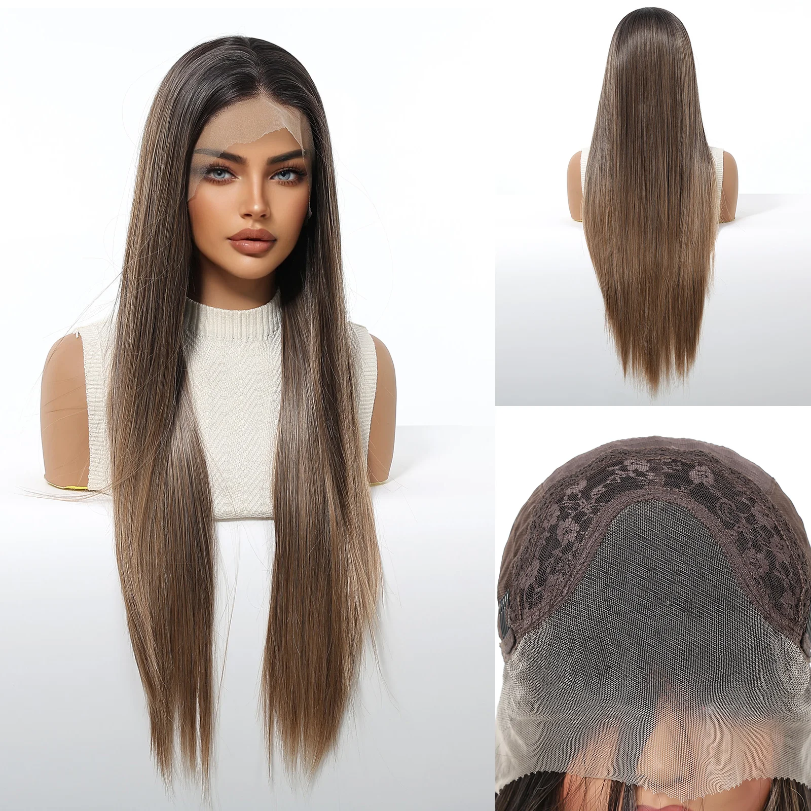 13x4 Lace Front Wig Center Part Light Brown Ombre Straight Long Hair 30 Inch Synthetic Wig For Women Natural Daily Look