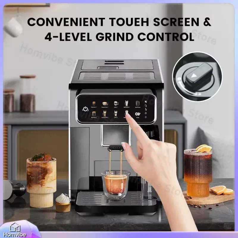 

Automatic Espresso Machine with Built-in Milk Frother and Water Tank 7 Coffee Varieties Touchscreen Coffee