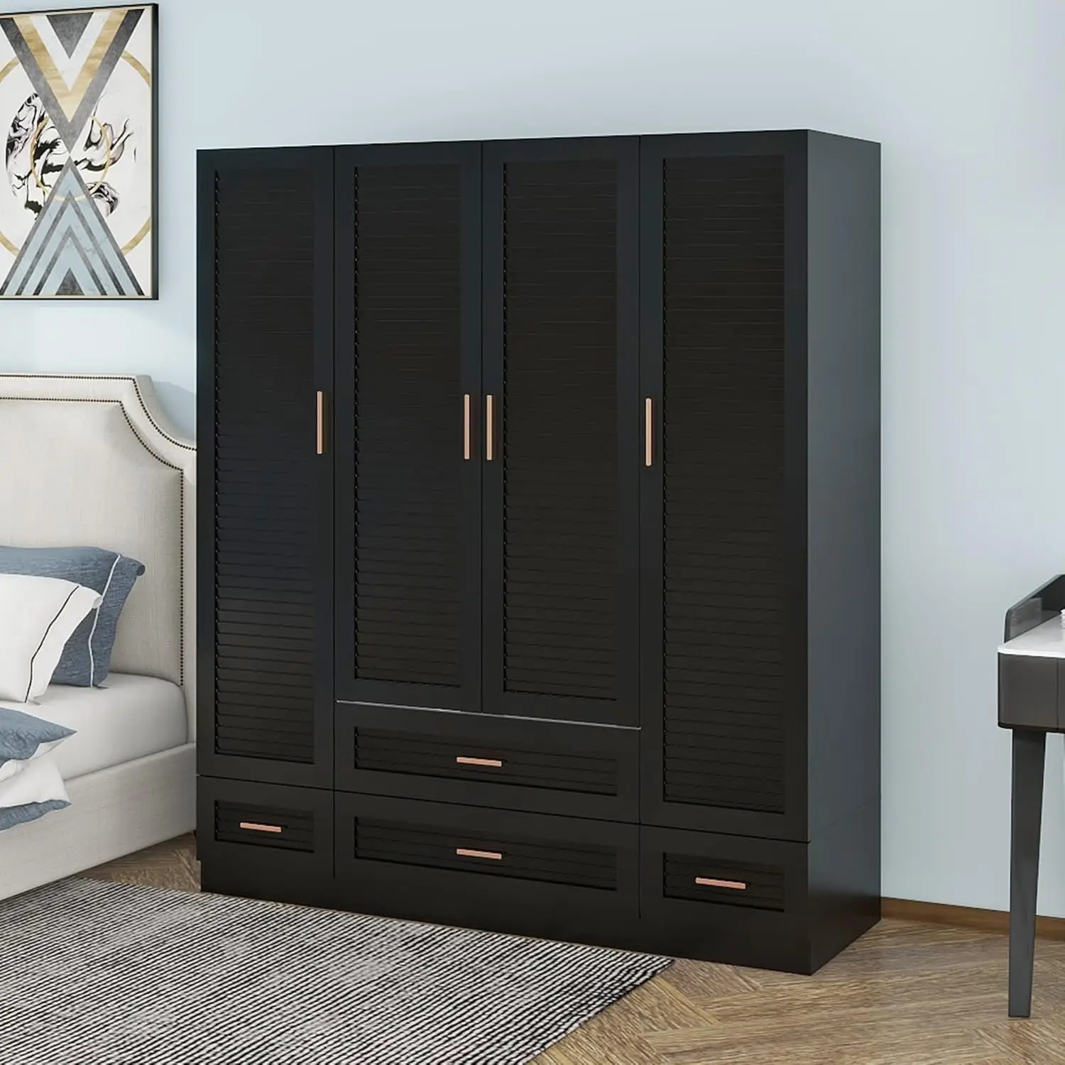 Wooden Armoire Wardrobe Closet Black Large Capacity Tall Cabinet, Hanging Rods and Shelves for Bedroom Armoire Storage image 4