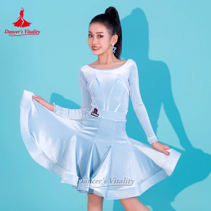 Light Blue Long Sleeves Bodysuit+Skirt Practise Latin Dance Set Child&Adult Rumba Samba Jive Training Clothing Dancer's Vitality