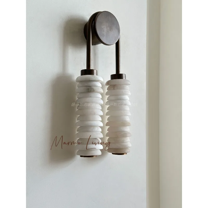 French medieval villa living room high-end brass wall lamp designer Spanish alabaster stone wall lamp bedroom