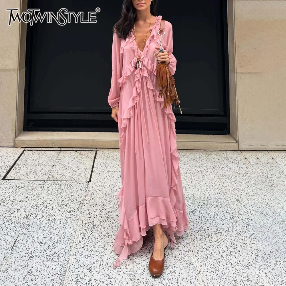 

TWOTWINSTYLE Solid Spliced Spliced Ruffles Dresses for Women Deep V Neck Long Sleeve High Waist Temperament Dress Female