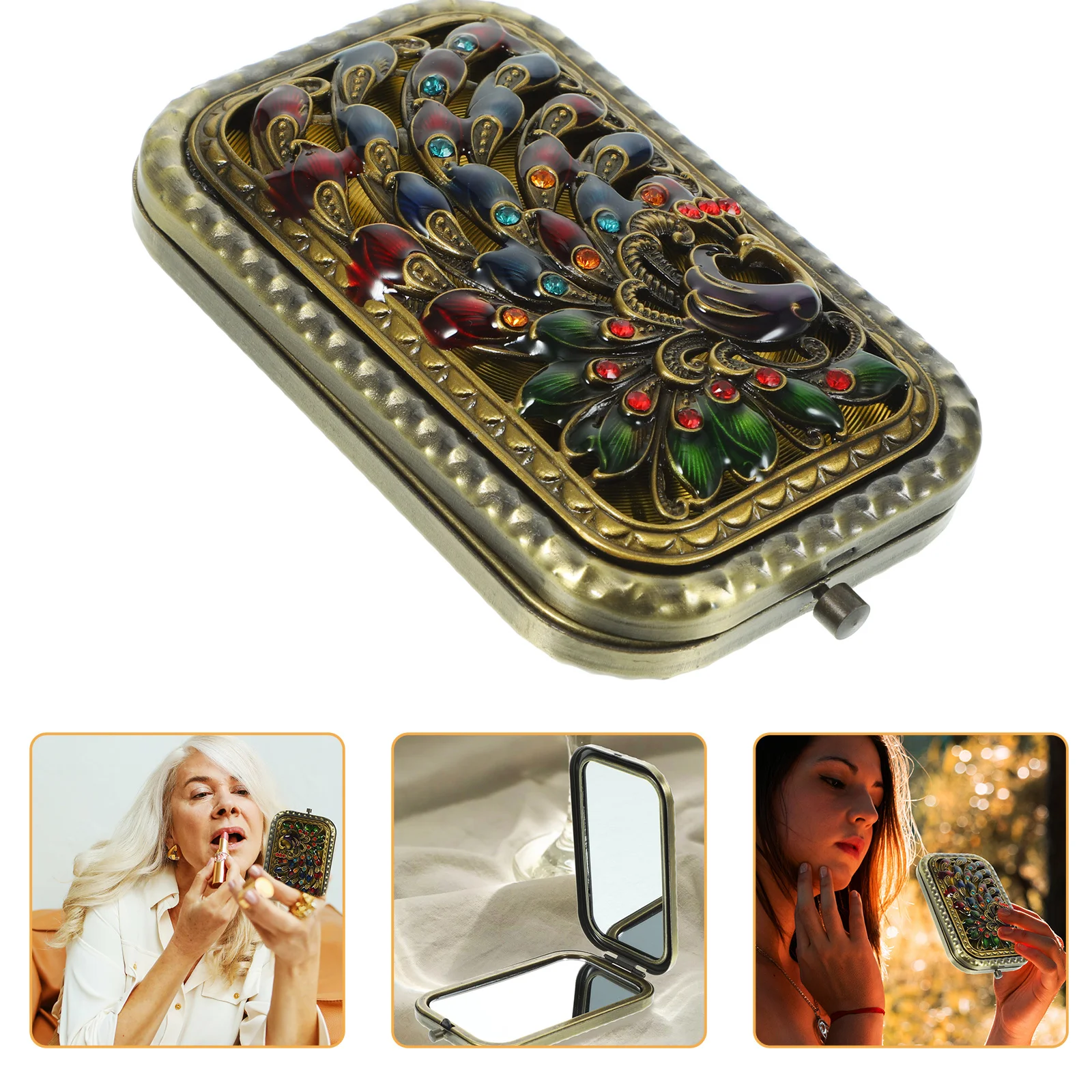 Specchio tascabile retrò Mini specchio per trucco doppio lato Dimensioni compatte Portatile pieghevole ad alta definizione Design chic per uso esterno