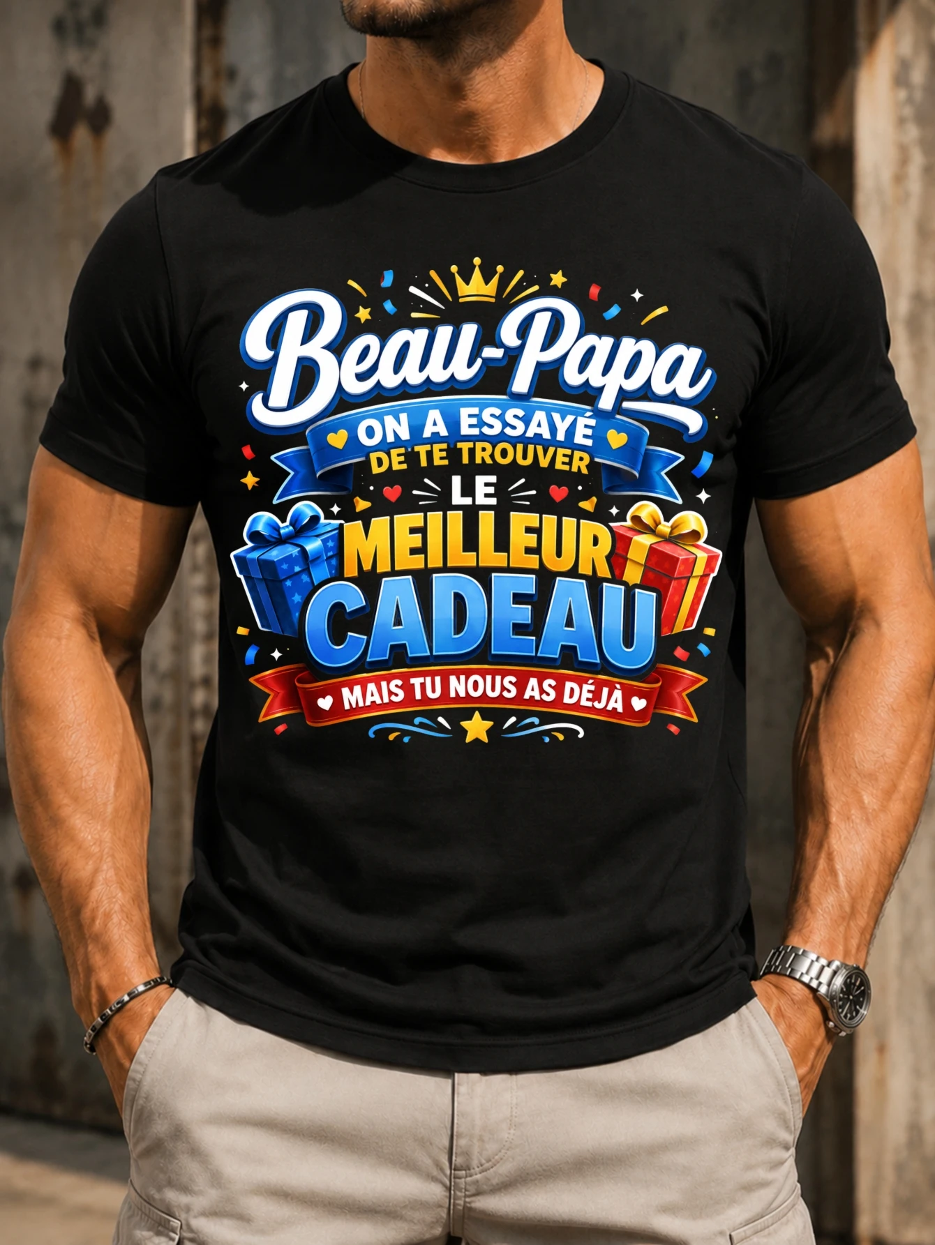 BeauPapa Le Meilleur Cadeau Mais Tu Nous As Deja, camiseta unisex con letras azules y amarillas brillantes con detalles del regalo