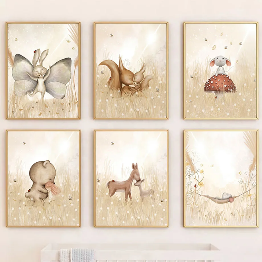 Cute Squirrel Rabbit Deer Bear Cartoon Animal Nursery Art Canvas Painting Nordic Poster And Prints Wall Pictures Kids Room Decor