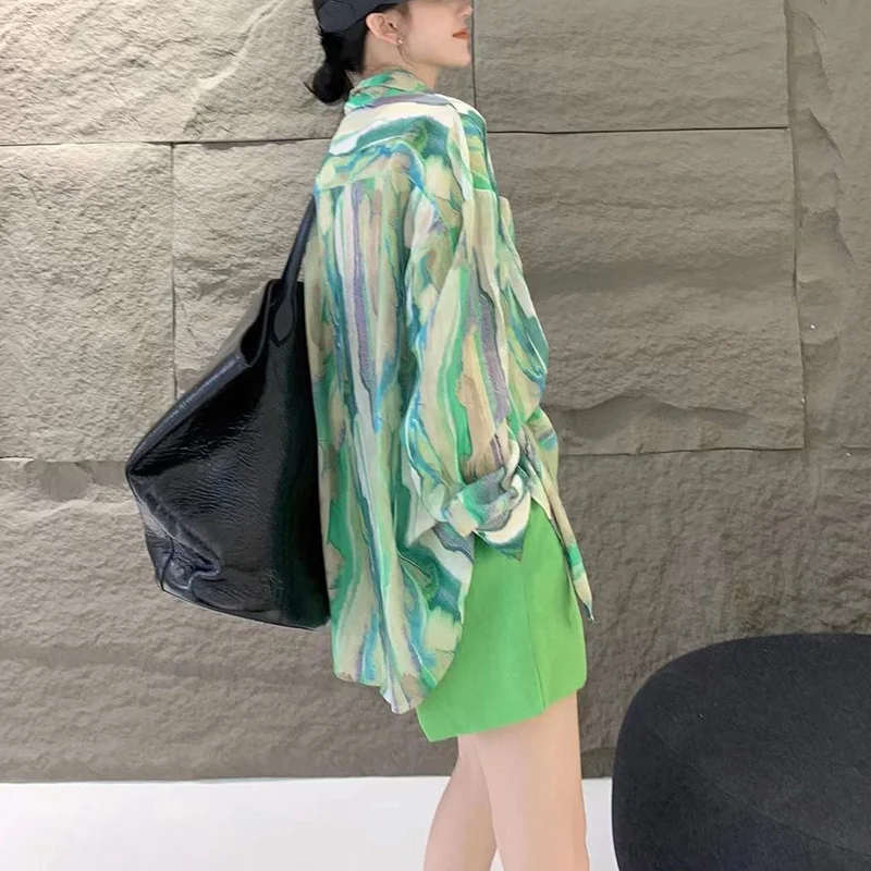 Spring Loose Green Vertical Striped Thin Long Sleeve Shirt for Women Unique And Stylish Blouse Shirts Women Trend