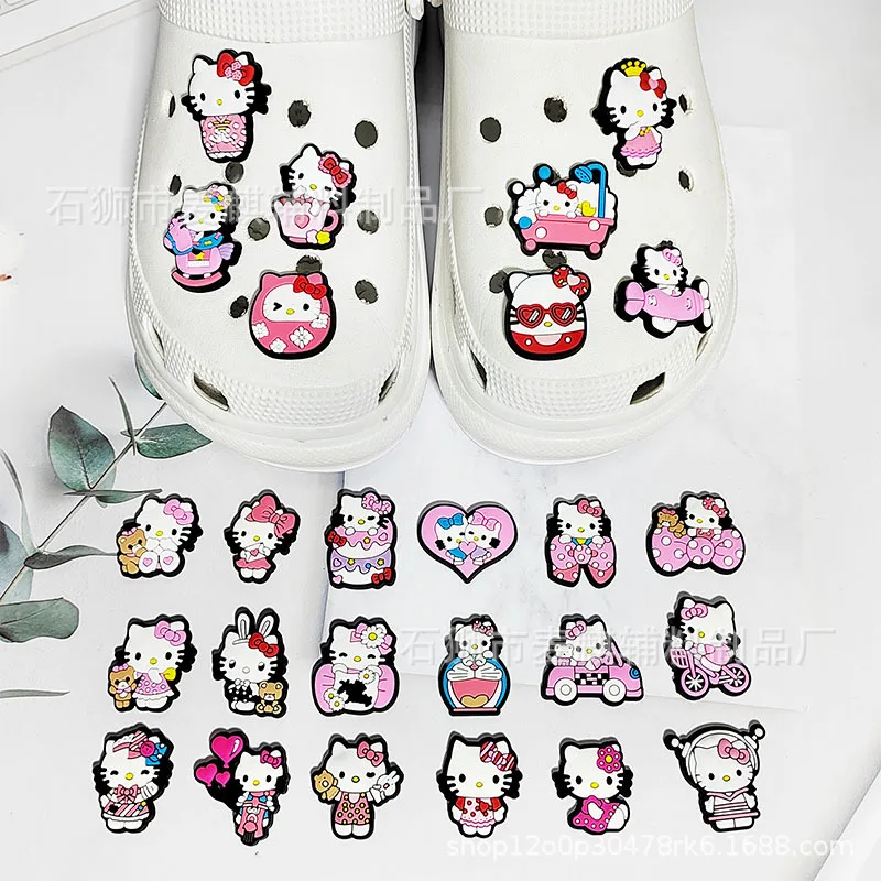 23Pcs/set Cute Hello Kitty Shoe Croc Charms Cat Accessories Decoration Cartoon Animal for Hello Kitty Sanrio Women Children Gift