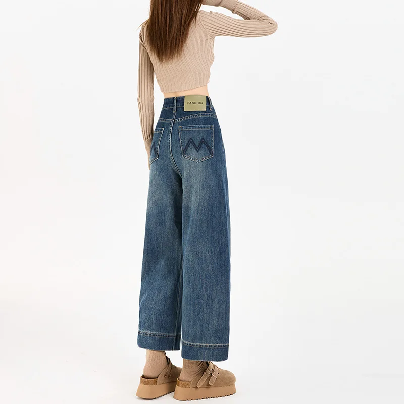 Retro Stretch High-waisted Embroidered Cropped Jeans Women's Spring 2026 New High-waisted Straight-leg Cropped Pants