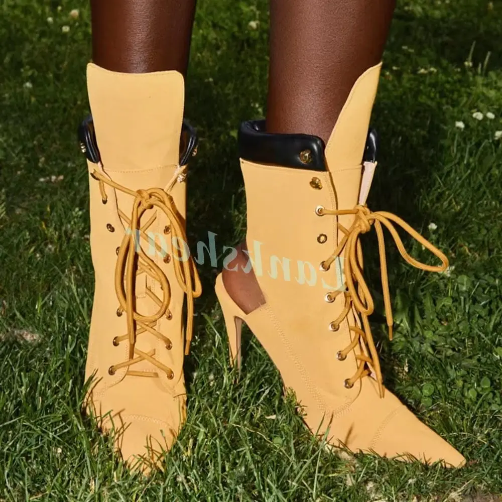 Front Lace Up Patchwork Gladiator Ankle Boots for Women Stiletto High Heel Pointed Toe Backless Booties Footwear Night-Out 2026