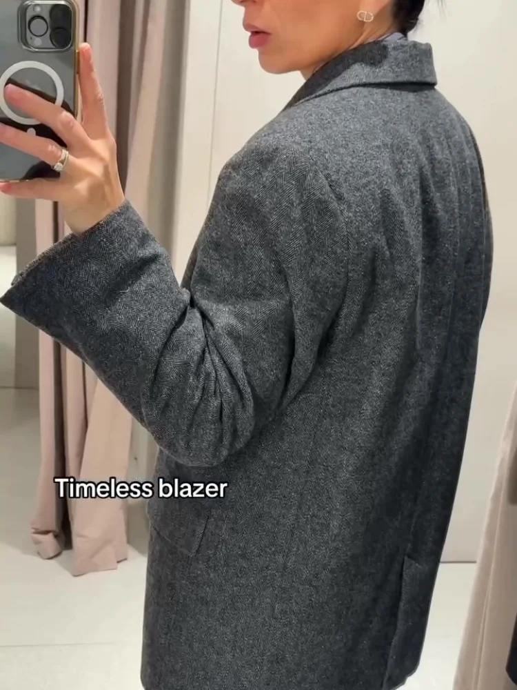 سترة صوفية رمادية أنيقة للنساء معطف فضفاض بأكمام طويلة وطية صدر السترة للسيدات موضة خريف 2025 معاطف للسيدات للمكتب #5