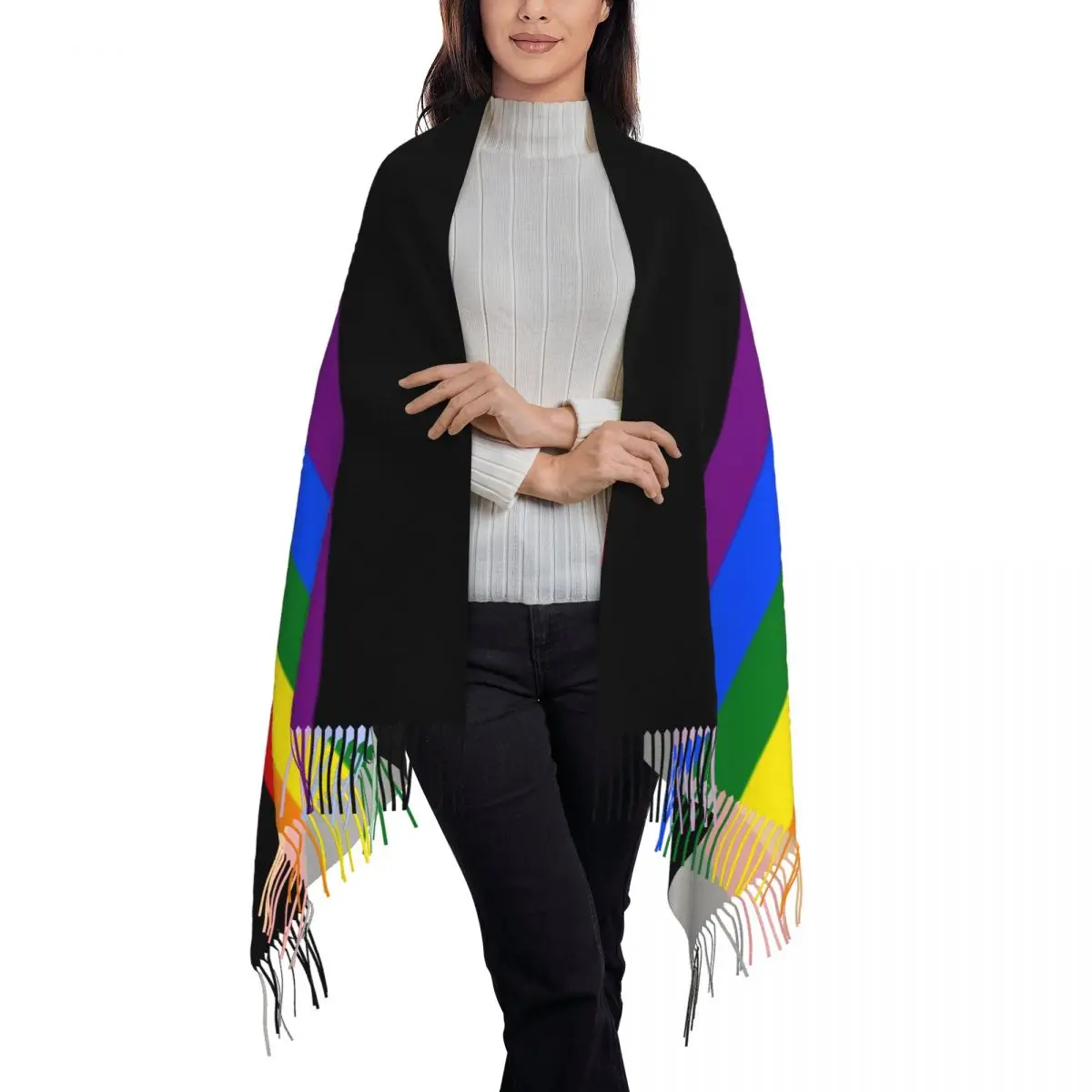 Gay Pride Flag Stripe Tassel Scarf Women Soft GLBT LGBT Rainbow Lesbian Shawls Wraps Lady Winter Scarves