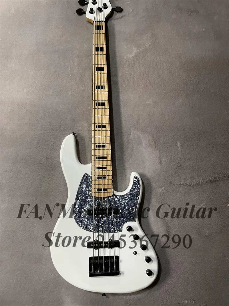 White bass 5-string electric bass basswood body Maple Neck Black inlaid active passive switch gray shell pickup guard