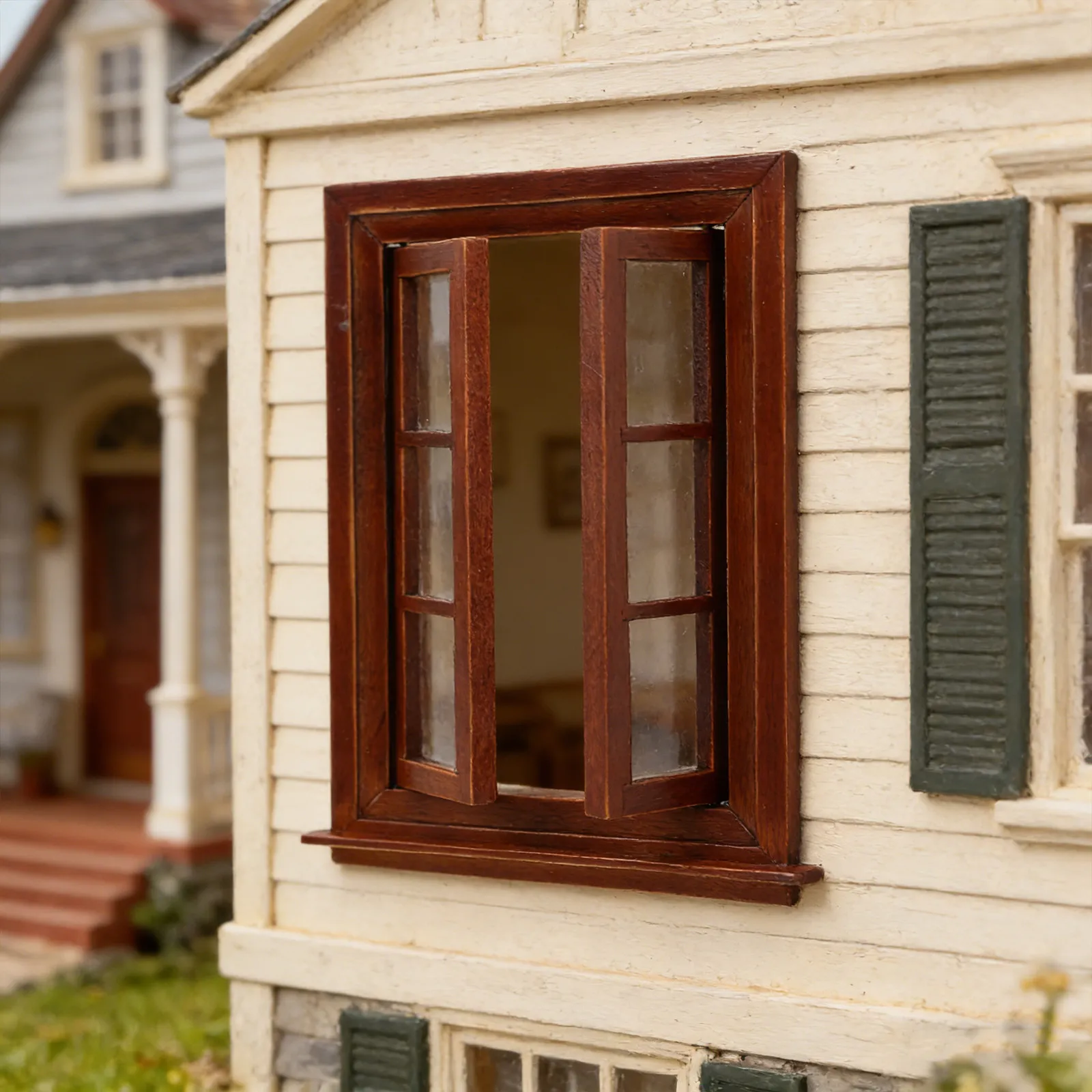 

1:12 Scale Wooden Dollhouse Window Frame Openable Double Doors 6-Paned Chestnut Miniature Window for DIY Fairy Garden Bedroom