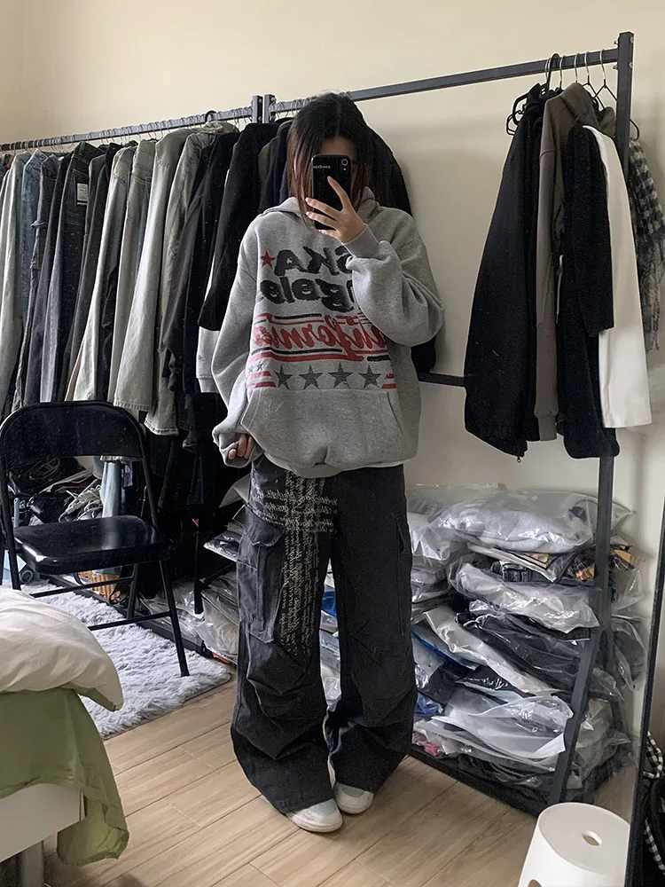 American High Street Star Print Hoodie feminino outono inverno Thiened solto casal na moda preguiçoso outerwear Fce forrado