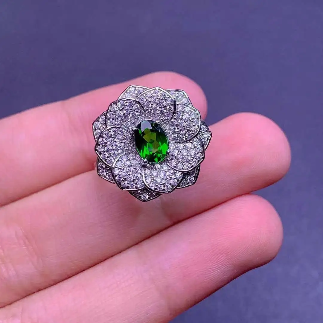 

Кольцо с натуральным и настоящим диопсидом в цветочном стиле, бесплатная доставка, натуральный зеленый диопсид, серебро 925 пробы, ювелирное кольцо