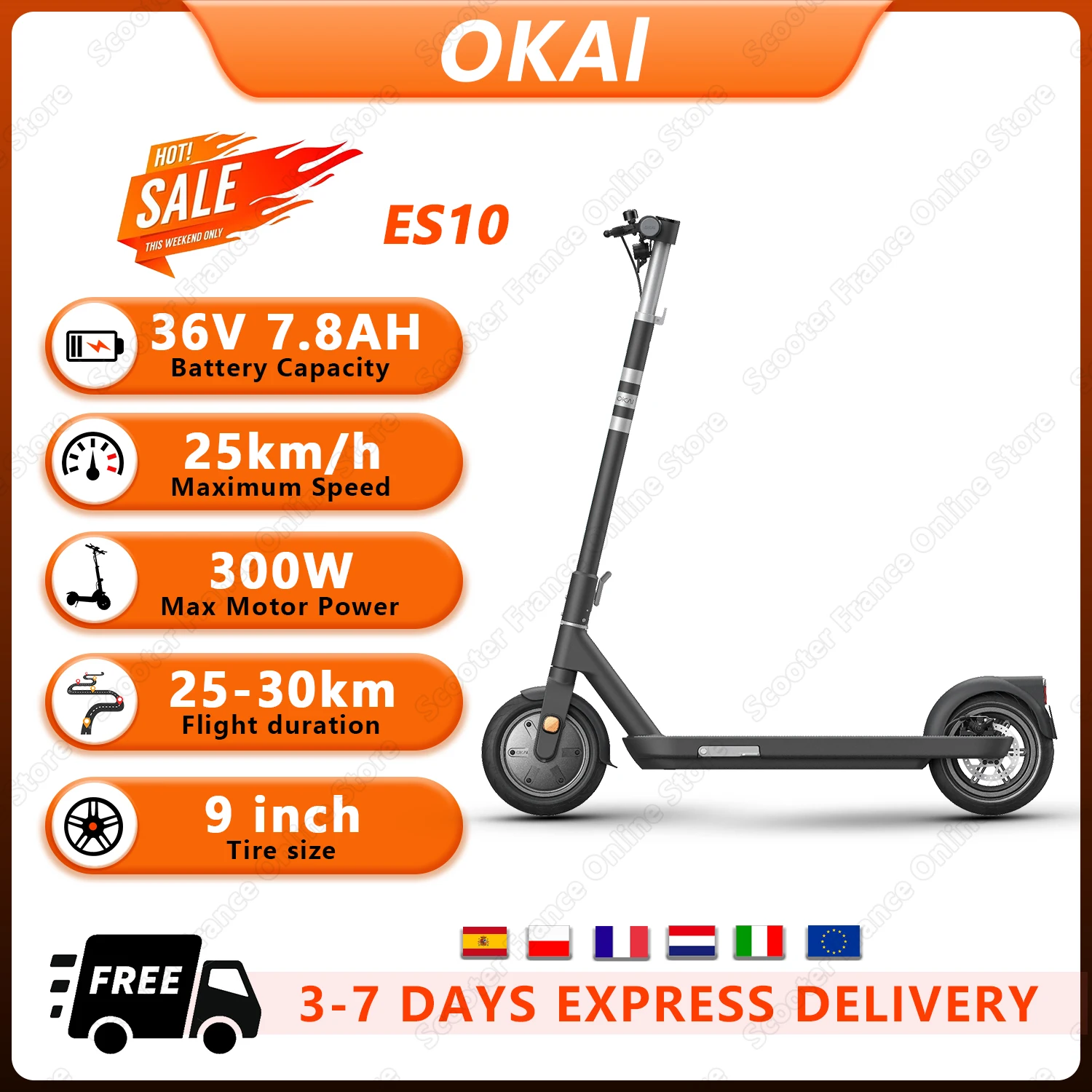 Scooter elettrici pieghevoli leggeri OKAI ES10, motore 300W 36V7.8Ah, scooter elettrico con app intelligente per modalità crociera per pneumatici da 9 per adulti