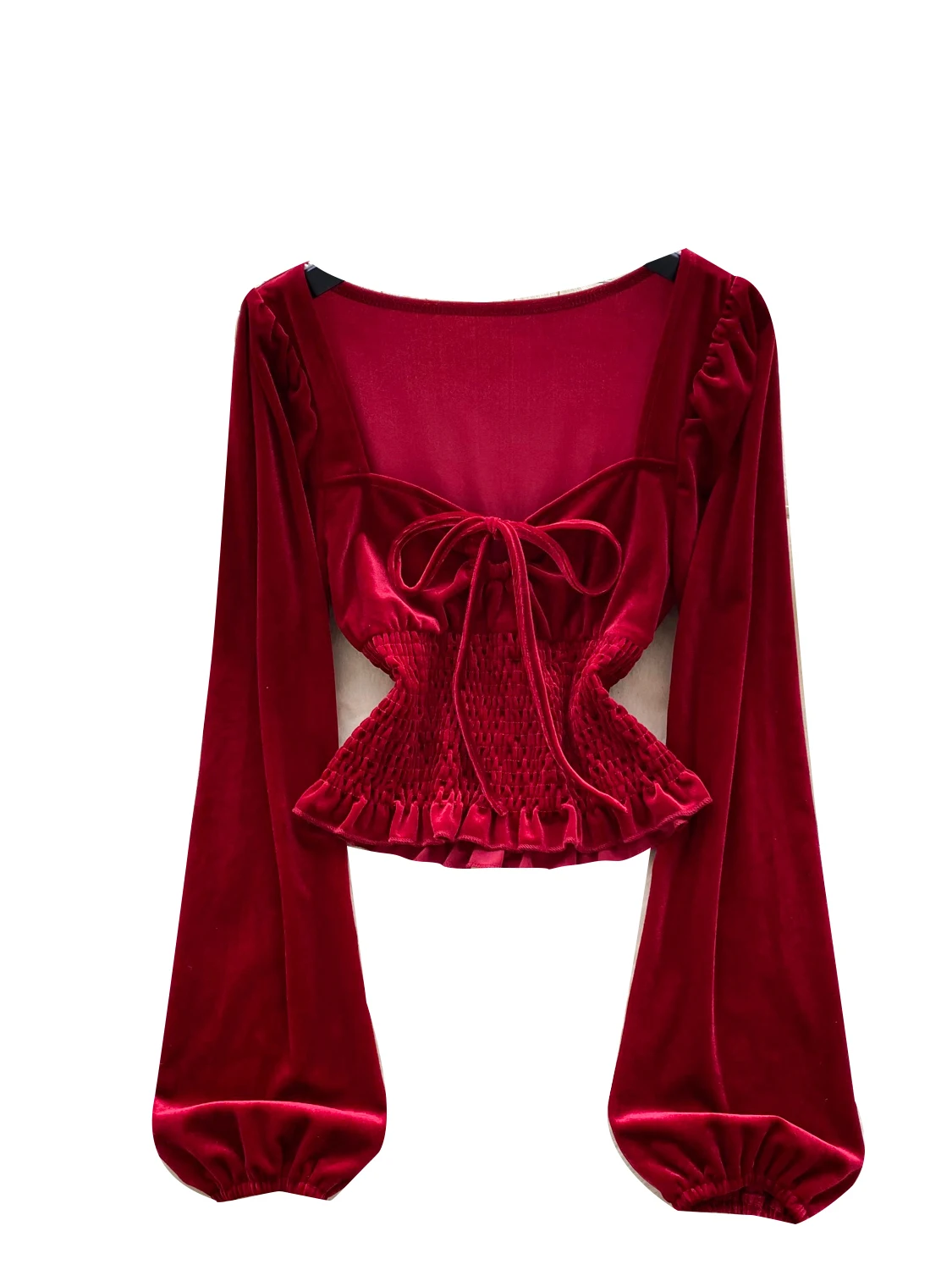 Aksamitna sukienka damska, modna, jesienno-zimowa, z paskiem w talii, rękawami typu latarnia, wiązana na kokardę, kwadratowy dekolt, dopasowany krój, bazowa sukienka.