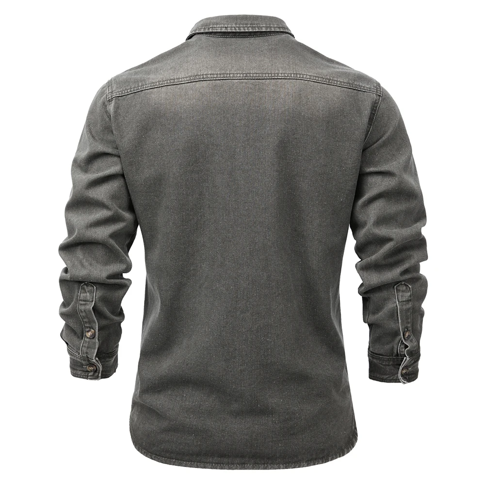 Men's Denim Shirt Casual Multi-Pocket Cargo Jean Top Classic All Match Lapel Long Sleeve Cotton Outerwear Gray Army Green