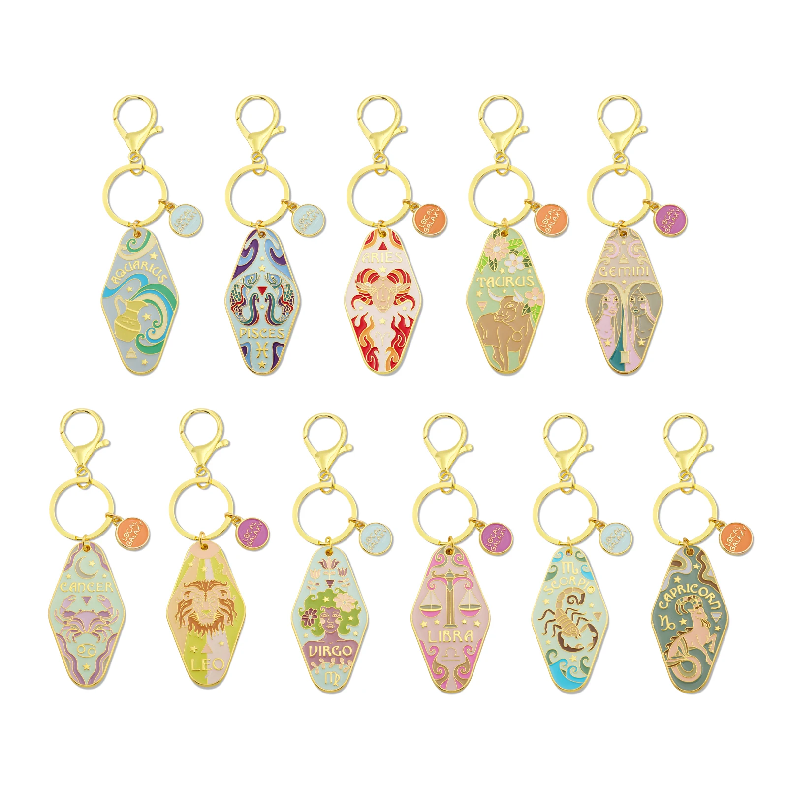 12 Constellations Keychain Zodiac Sign Key Ring Gold Plated Vintage Hotel‑style Pendant Bag Charm Key Holder For Women Men Gift