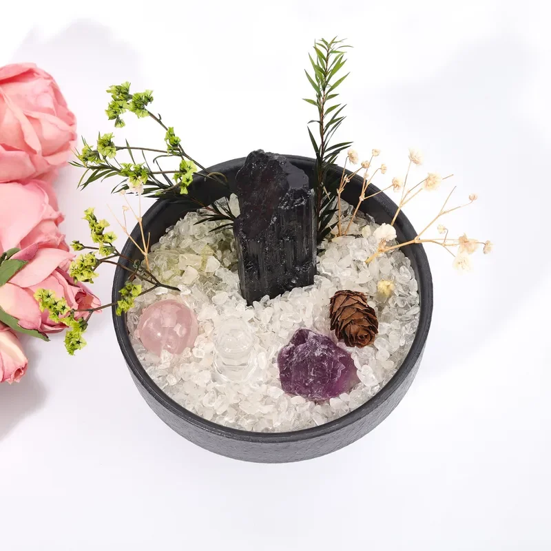 Natural crystal bonsai black tourmaline rough stone diffuser stone decoration home office ornament living room Wangzhai
