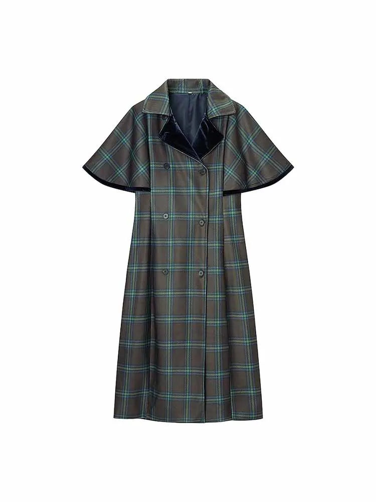 

European and American style women's winter new fashionable trendy short-sleeved plaid single-breasted lapel coat