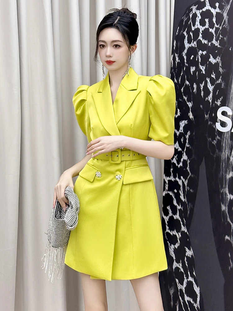 夏エレガントな女性のイブニングショートドレスブレザーフォーマルサテンパフスリーブスリムミニドレスストリート服パーティー Mujer Vestidos