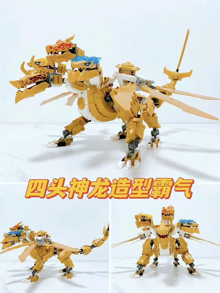 New Season Golden Ultra Dragon Building Blocks Tetraposaurus Four-headed Dragon Bricks Toys for Birthday Gifts