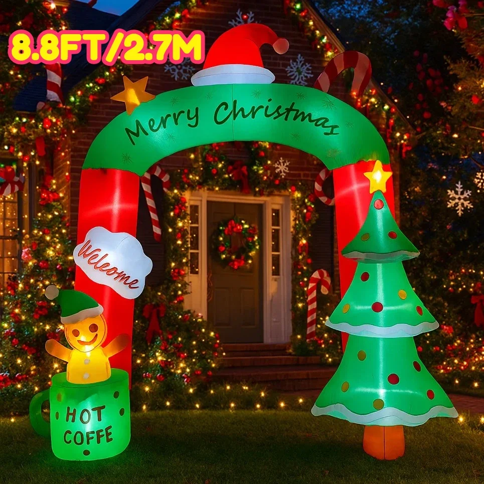 8.8피트 크리스마스 파티 장난감 크리스마스 장식품 풍선 아치형 핫 커피 머그잔 곰 환영 장난감 집 마당 장식 LED 장식