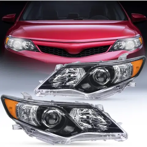 Zespół reflektora do Camry L LE XLE Hybrid LE XLE roczniki 2012 2013 2014, zamiennik reflektorów, czarna obudowa, bursztynowy reflektor, strona kierowcy