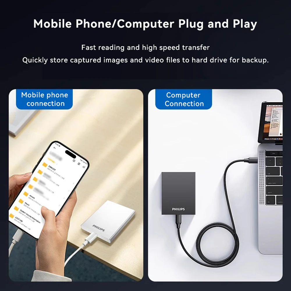 필립스 휴대용 SSD, 1TB 외장형 솔리드 스테이트 드라이브, 최대 속도 550MB/s, USB 3.2 Gen 2, 게임 및 학생용 안정적인 저장 장치