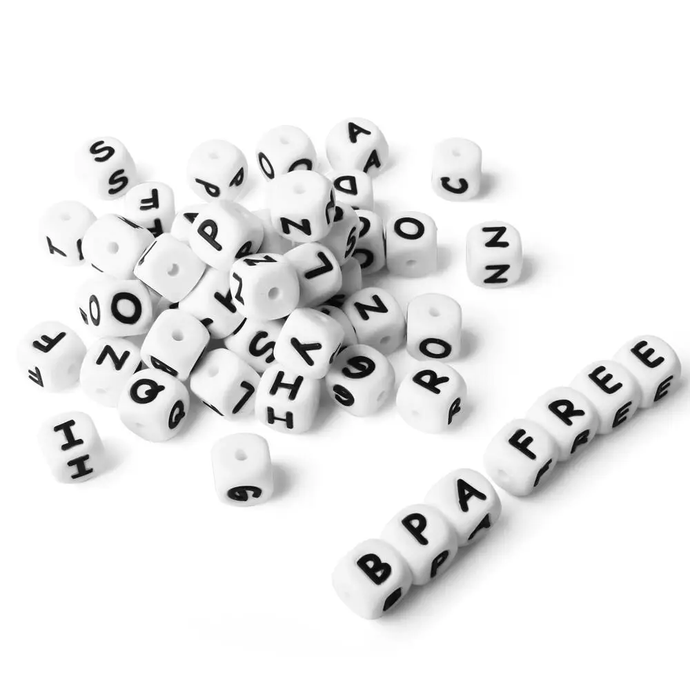 20Pcs 12mm English Letter Silicone Beads White Background With Black Text Focus Bead For DIY Bracelet Necklace Jewelry Making