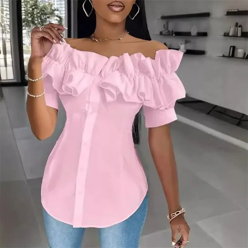 Elegant Pleated Ruffle Decoration One-line Neck Shirt Women Single-breasted Cardigan Blouse Female Sweet Style Short Sleeve Tops