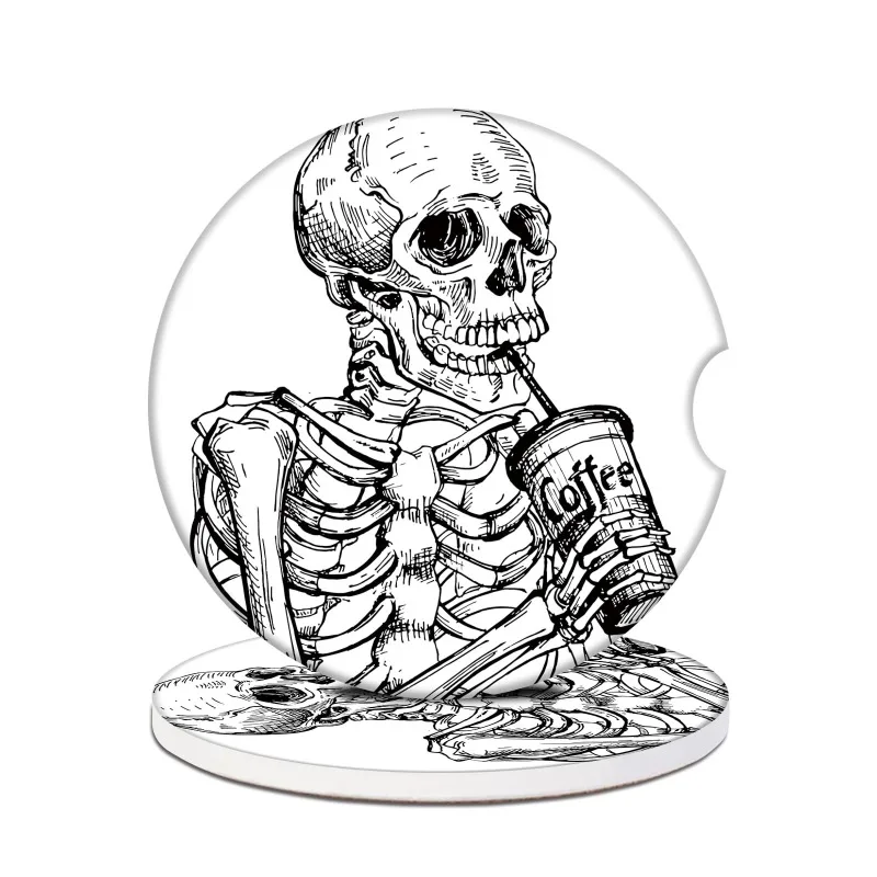 Car Cup Holders Coasters - Skeleton Drinking Coffee Sketch Absorbent Ceramic Coaster, Black White Gothic Skull Drink Cup