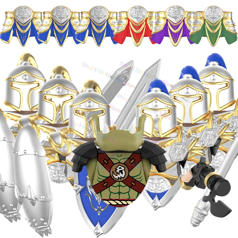 MOC médiéval Warcraft Orc Alliance soldats armure lourde armure dorée bouclier de chevalier lance casque bloc de construction cadeaux DY306-312