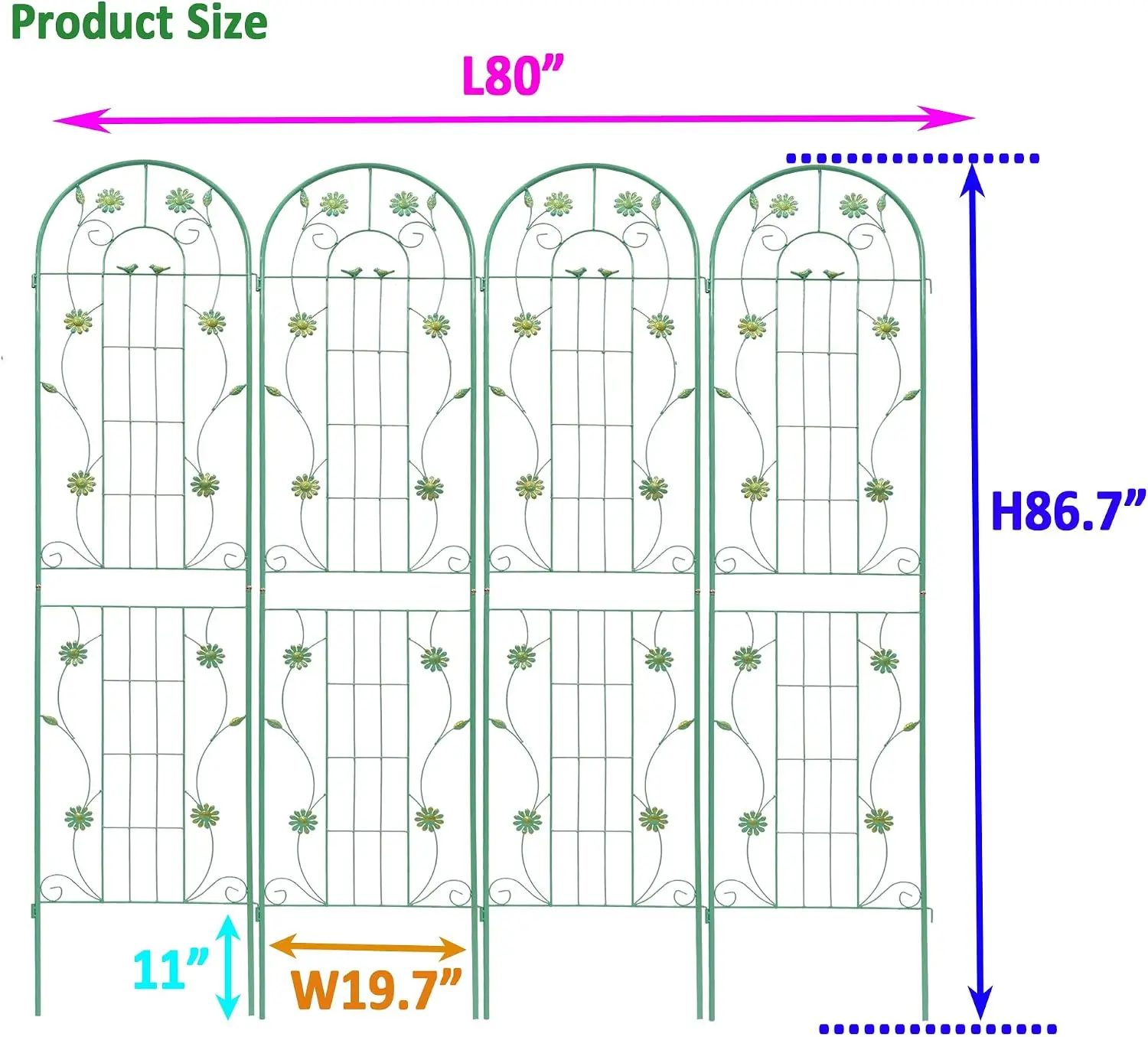 4 Pack Garden Trellis for Climbing Plants 86.7'' x 19.7'' ，Green Metal Garden Trellis，Heavy Duty Rustproof Plant Trellis for Pot