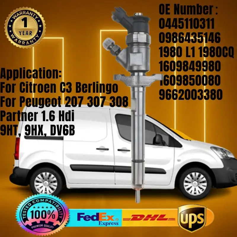 0445110311 0986435146 9662003380 1980 L1 1980CQ 1609849980 Inyector de Combustible para Citroen C3 Berlingo Peugeot 207 307 Partner 1.6 Hdi