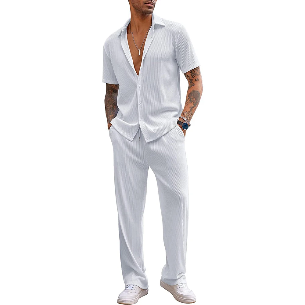 New Men\'s Two Piece Sets Solid Color Short-sleeved Shirt and Trousers Loose Casual Male Suit Tracksuit