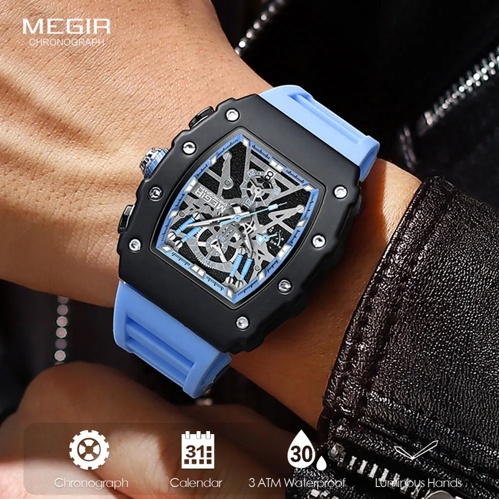 MEGIR Analog Quartz Watch Men Fashion Waterproof Luminous Chronograph Wristwatch with Blue Silicone Strap Tonneau Dial Auto Date