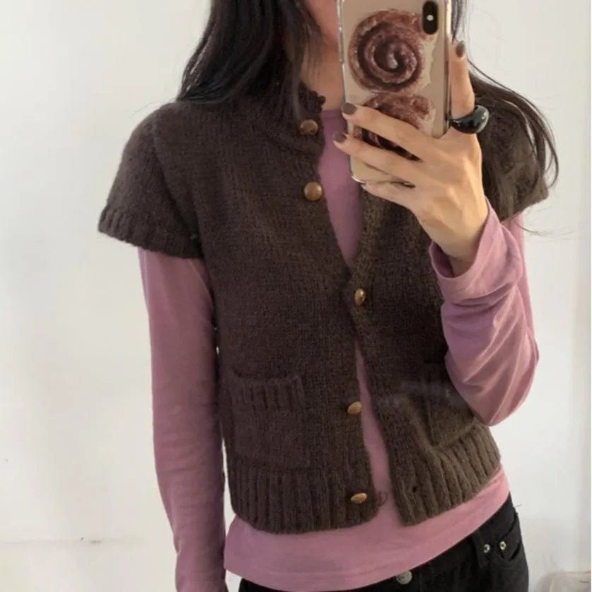 Chique vintage hoge kraag met één knop en Sve gebreide bovenkleding Dames Faion herfst winter polyestervezel vest