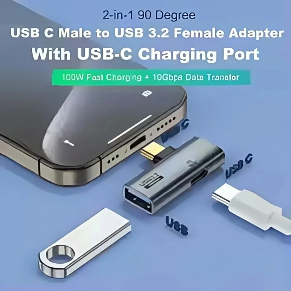 2-in-1 USB-C OTG Adapter Type-C Male to USB-C Female + USB 3.2 Splitter, 100W PD Fast Charging for Laptop/Tablet