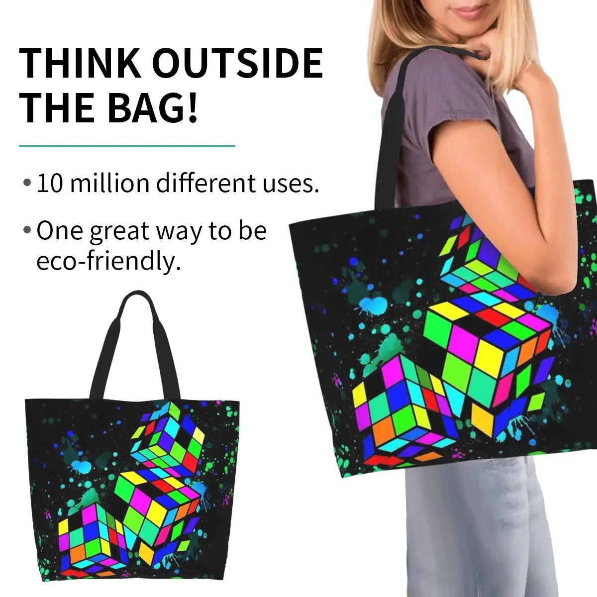 Rubix Rubiks Rubics Shopping Tote Bag Canvas Large Capacity Shoulder Bags Shopper Grocery Handbag for Women