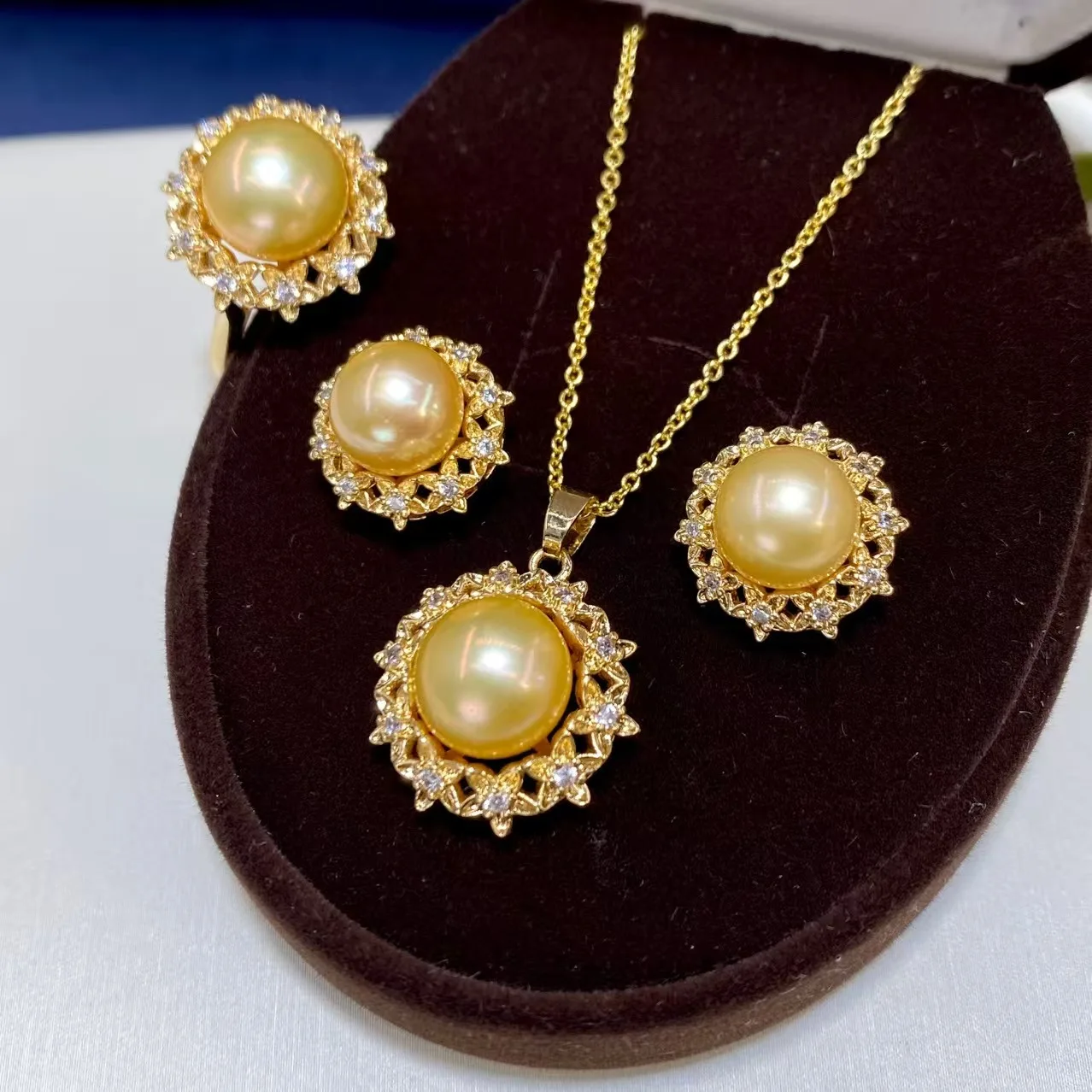 One Set Freshwater Pearl Yellow Pendant Necklace Earring Ring for Woman Fashion view 5
