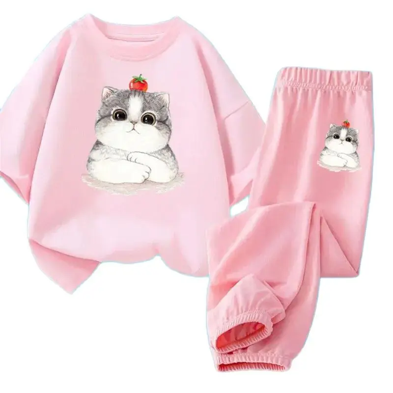 2pcs Girls Clothes 2024 Summer Short Sleeve Cute Cat Shirts+Long Pants Kids Sport Children Clothing Set Tracksuit Teens Outfits