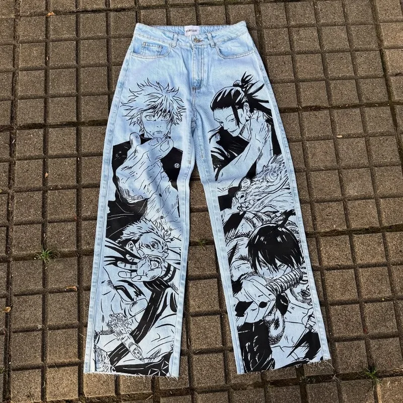 

Мешковатые джинсы Y2K, винтажная стираная уличная одежда, мужские джинсы большого размера с рисунком аниме, американские уличные джинсы унисекс в стиле хип-хоп