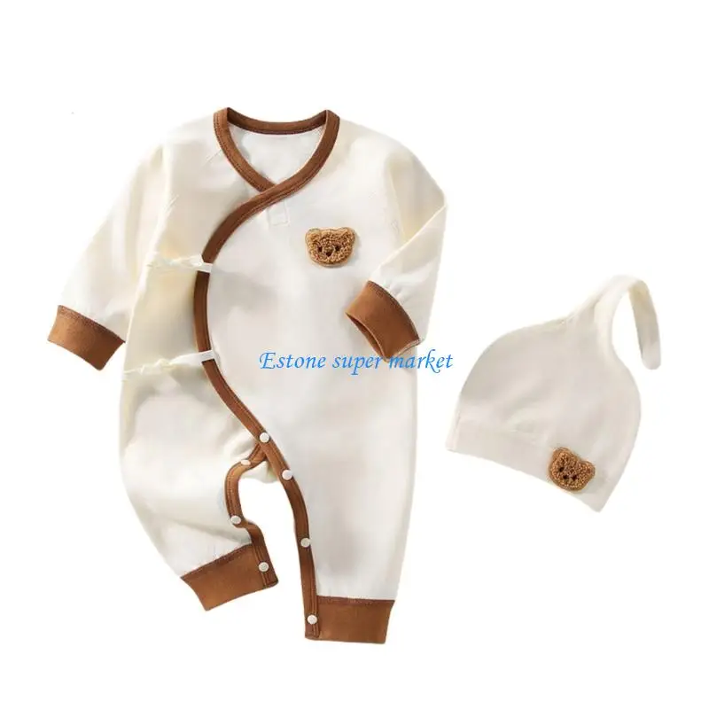 090B Baby Jumpsuits Hat Set OnePieces Long Sleeve Romper Spring Clothes Cartoon Bear Pajamas Cotton Bodysuit for Infants