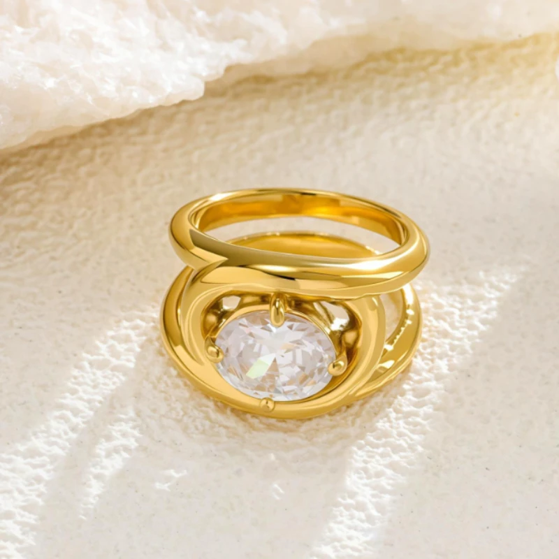 Stainless Steel Shinny Oval Zircon Ring for Women Girl Retro Gold Color Ring  New Design Jewelry